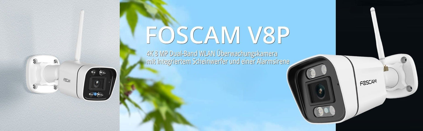 Foscam V8P WLAN Überwachungskamera mit Scheinwerfer und Alarmsirene weiss - Calitronshop.com