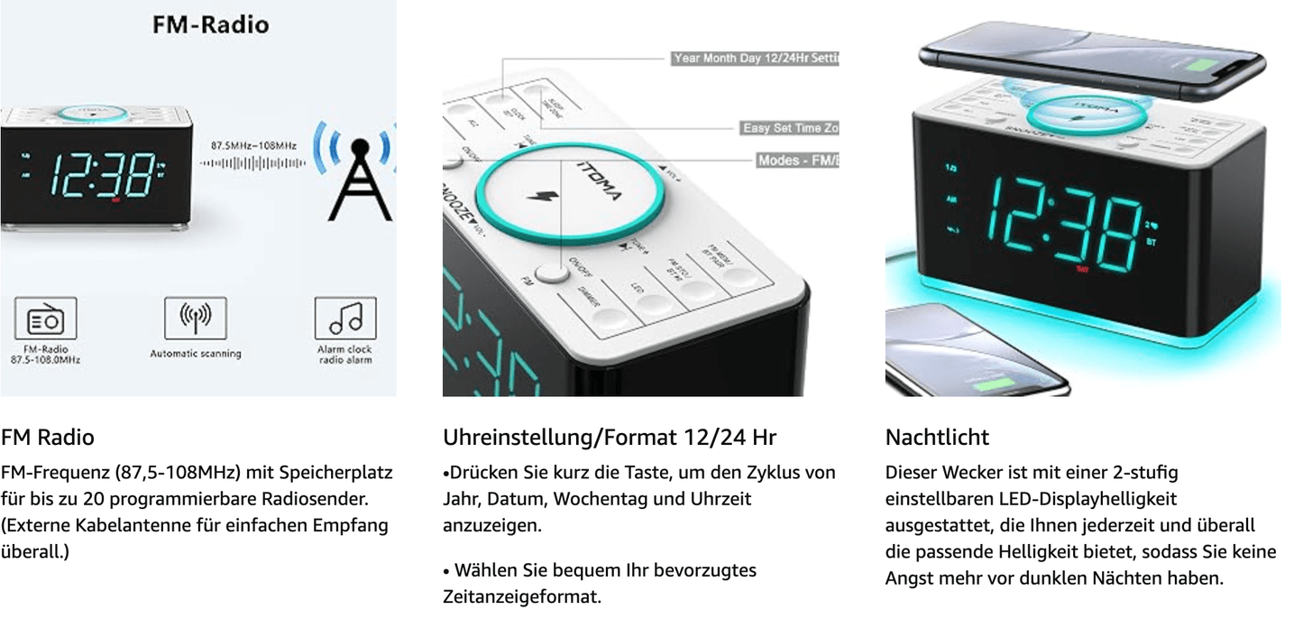 iTOMA DEMOGERÄT 15W Wireless-Ladeuhr mit Bluetooth-Radio, Dual-Alarm & LED-Nachtlicht - Calitronshop.com