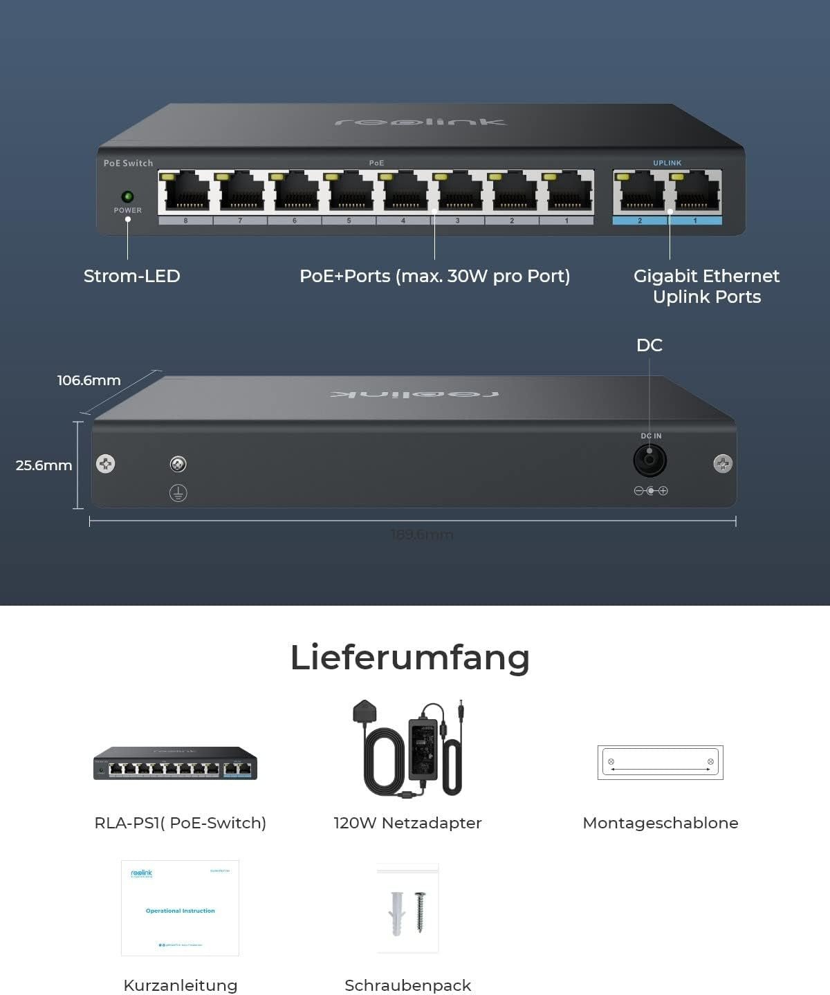 Reolink RLA - PS1 PoE Switch mit 10 Anschlüssen, 8x PoE 100M/bit,2x Giga Port - Calitronshop.com