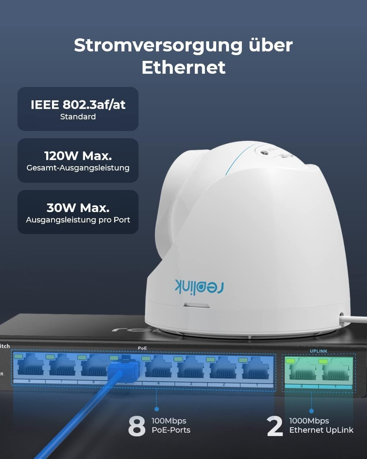 Reolink RLA - PS1 PoE Switch mit 10 Anschlüssen, 8x PoE 100M/bit,2x Giga Port - Calitronshop.com