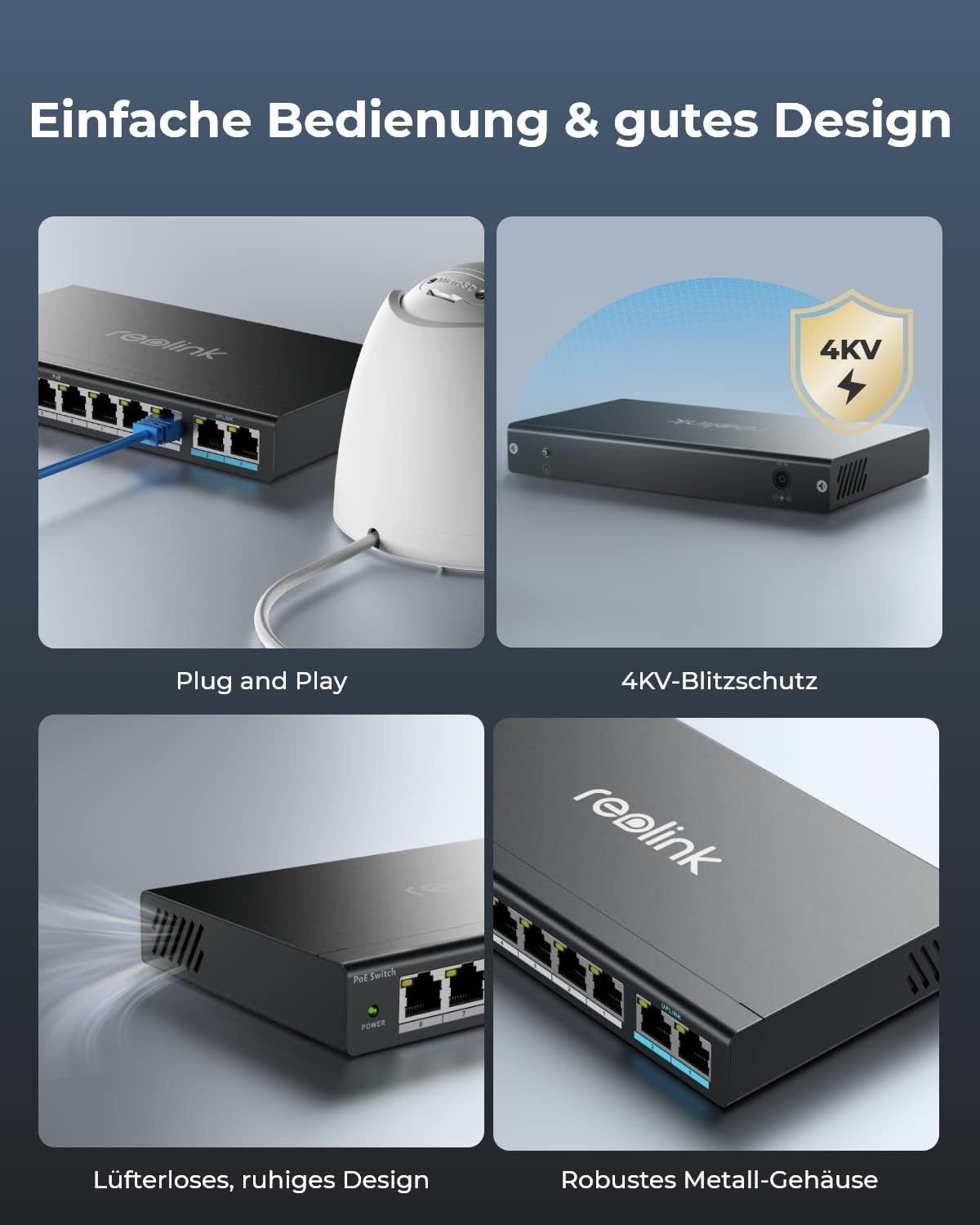 Reolink RLA - PS1 PoE Switch mit 10 Anschlüssen, 8x PoE 100M/bit,2x Giga Port - Calitronshop.com