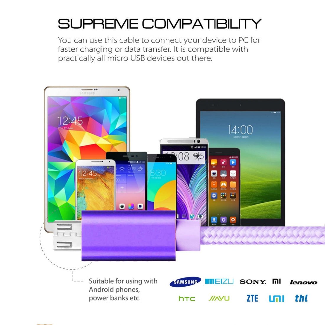 Ladekabel Micro-USB Violett Schnellladekabel 3m - Calitronshop.com
