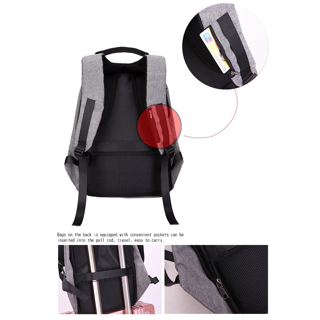 Rucksack mit USB Ladeanschluss Grau-schwarz - Calitronshop.com