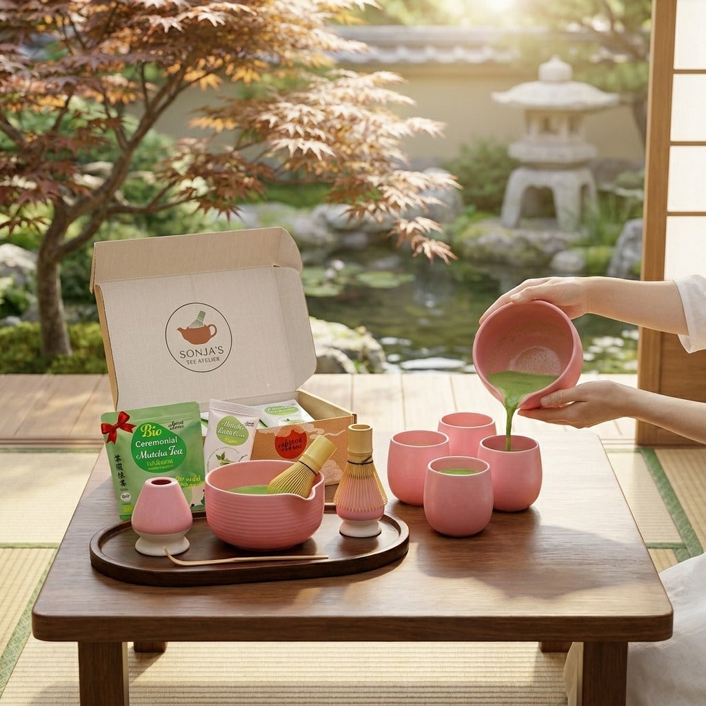 Matcha Set Rosa mit Ausguss Pflaume | 6-teiliges Matcha Geschenkset mit Bio Matcha Zeremonie