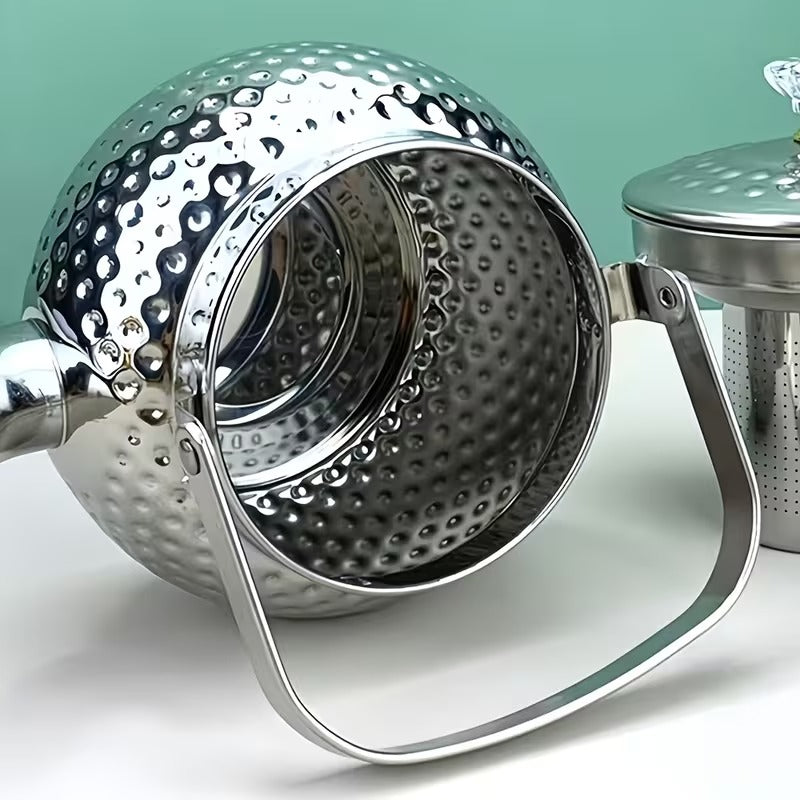 Exquisite Edelstahl-Teekanne mit Hammermuster Inkl. herausnehmbarem Sieb silber