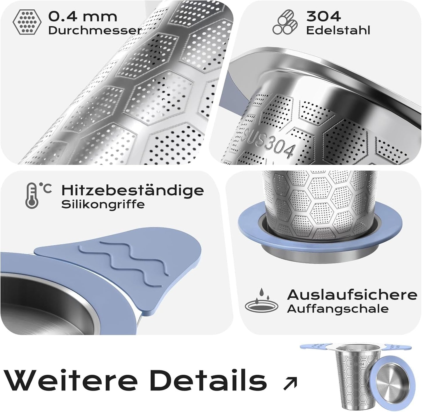 Edelstahl Teesieb mit Silikongriff blau - Calitronshop.com