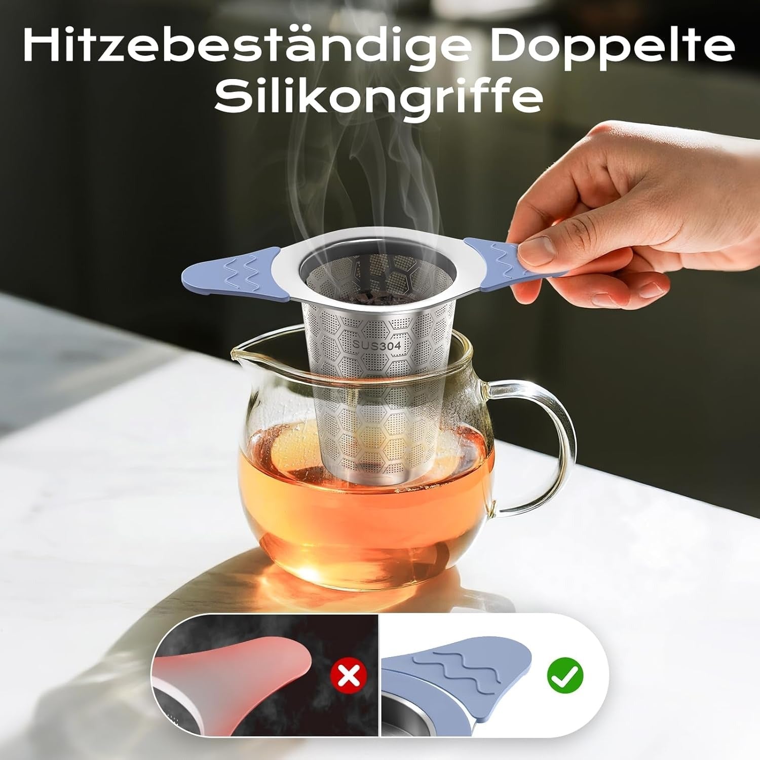 Edelstahl Teesieb mit Silikongriff blau - Calitronshop.com