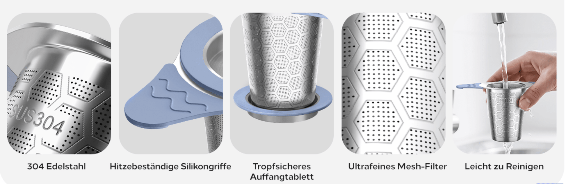 Edelstahl Teesieb mit Silikongriff blau - Calitronshop.com