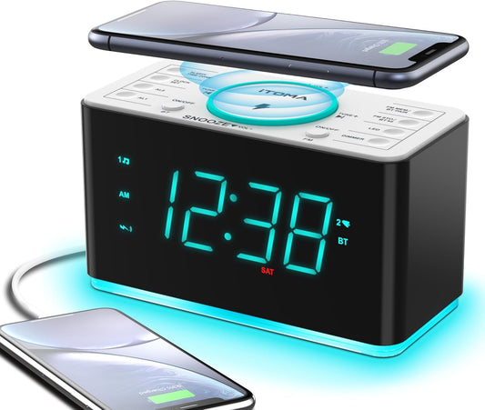 iTOMA DEMOGERÄT 15W Wireless-Ladeuhr mit Bluetooth-Radio, Dual-Alarm & LED-Nachtlicht - Calitronshop.com