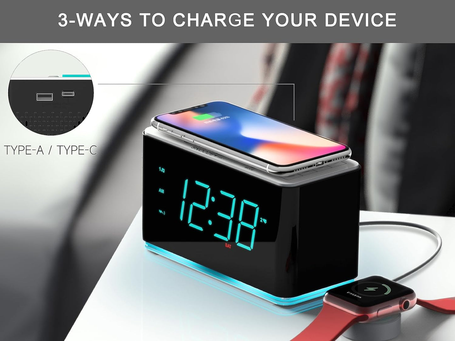 iTOMA DEMOGERÄT 15W Wireless-Ladeuhr mit Bluetooth-Radio, Dual-Alarm & LED-Nachtlicht - Calitronshop.com