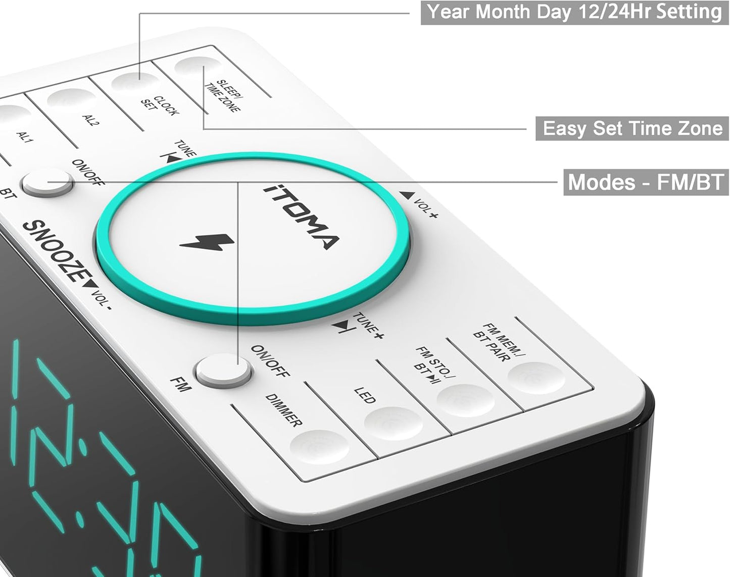 iTOMA DEMOGERÄT 15W Wireless-Ladeuhr mit Bluetooth-Radio, Dual-Alarm & LED-Nachtlicht - Calitronshop.com