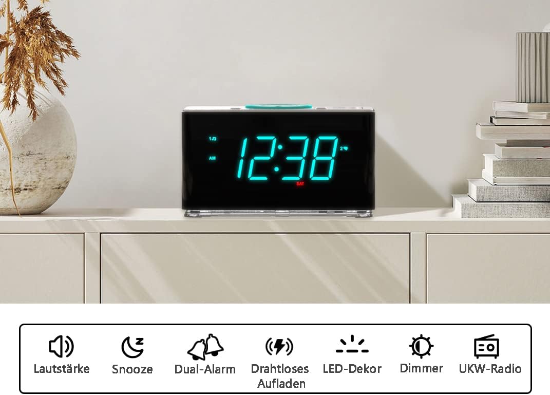 iTOMA DEMOGERÄT 15W Wireless-Ladeuhr mit Bluetooth-Radio, Dual-Alarm & LED-Nachtlicht - Calitronshop.com