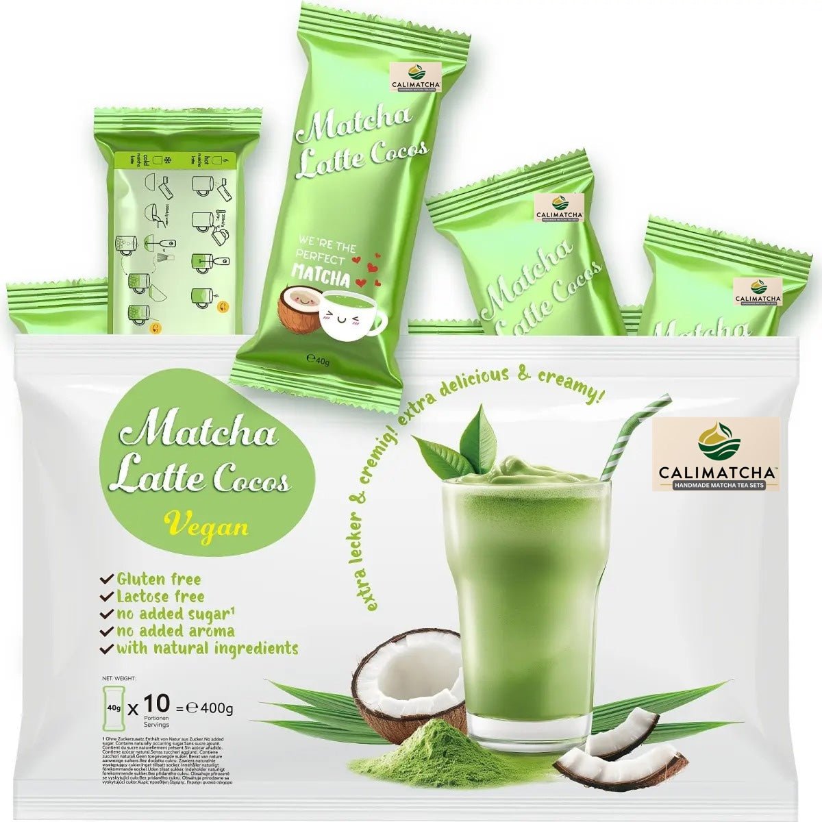 Matcha Cocos Latte – Instant Latte Mix ohne Zucker, 10x40g Portionsbeutel Tee - Calitronshop.com
