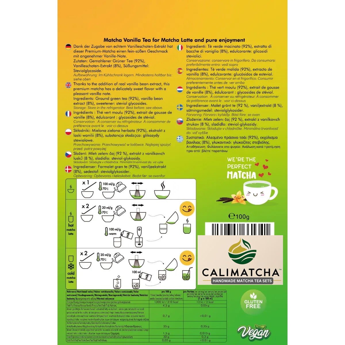Premium Matcha Vanille - Grüntee Pulver mit echtem Vanilleextrakt, 100g - Calitronshop.com