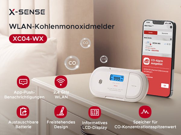 X - Sense XC04 - WX Intelligenter WLAN - Kohlenmonoxidmelder mit LCD - Anzeige - APP gesteuert - Calitronshop.com