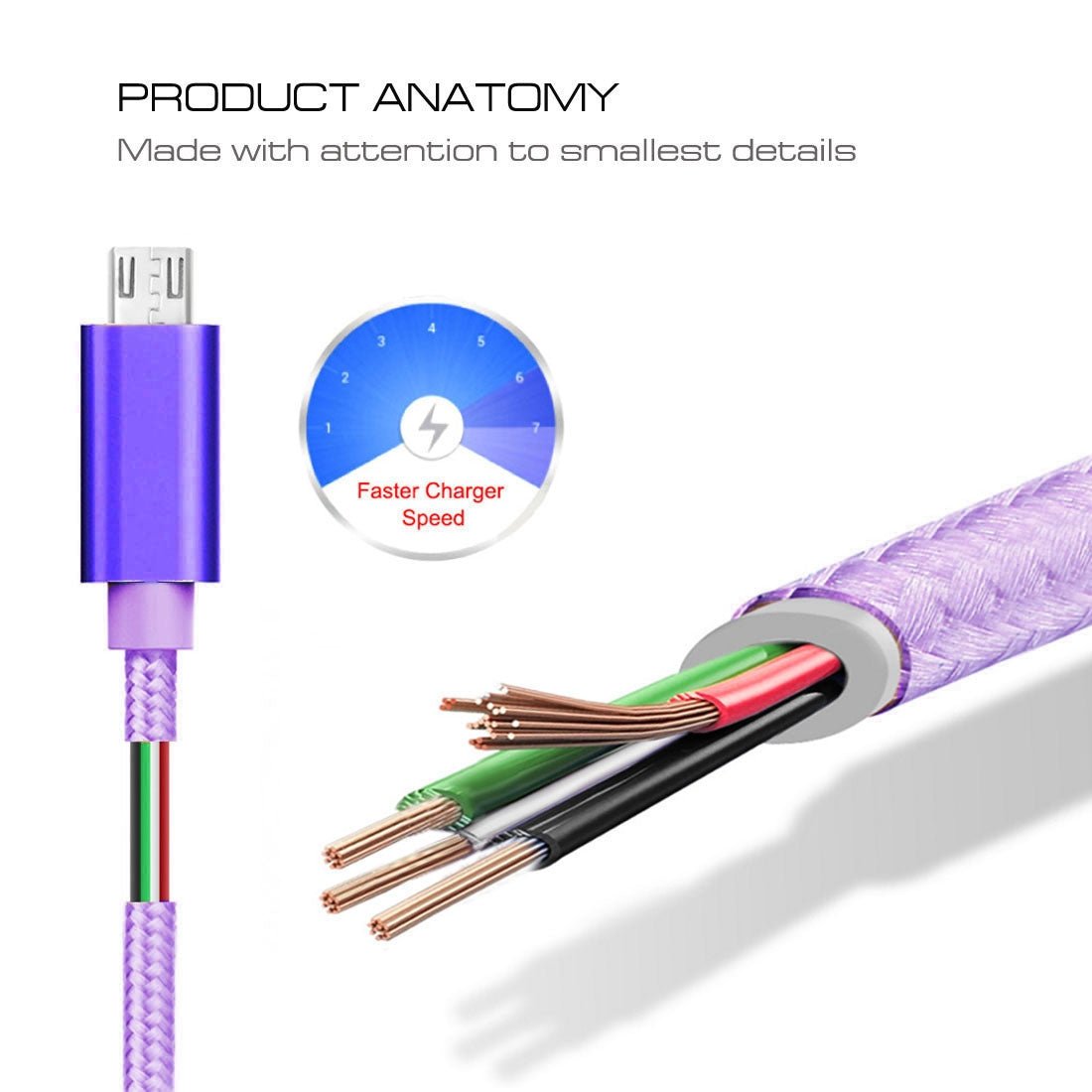 Ladekabel Micro-USB Violett Schnellladekabel 3m - Calitronshop.com